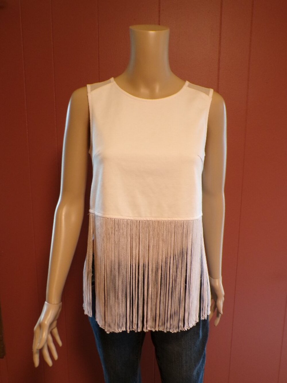 BCBGeneration Women's Fringed Tank Top Angel Cream SMALL